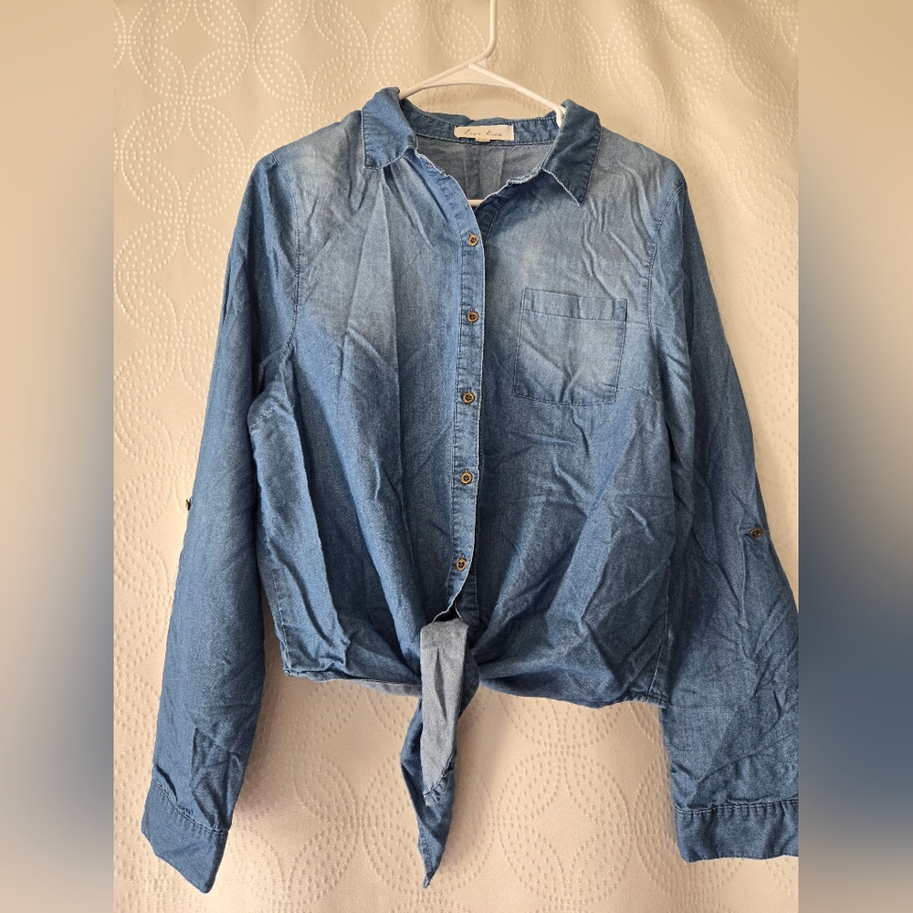Love Tree Light Blue Tie-Front Button Down Shirt